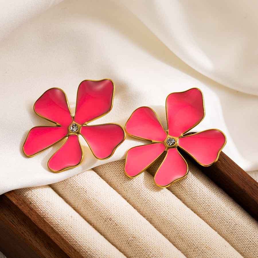 IG Style Flower Enamel Stainless Steel Earrings with Natural Stone Fan Design