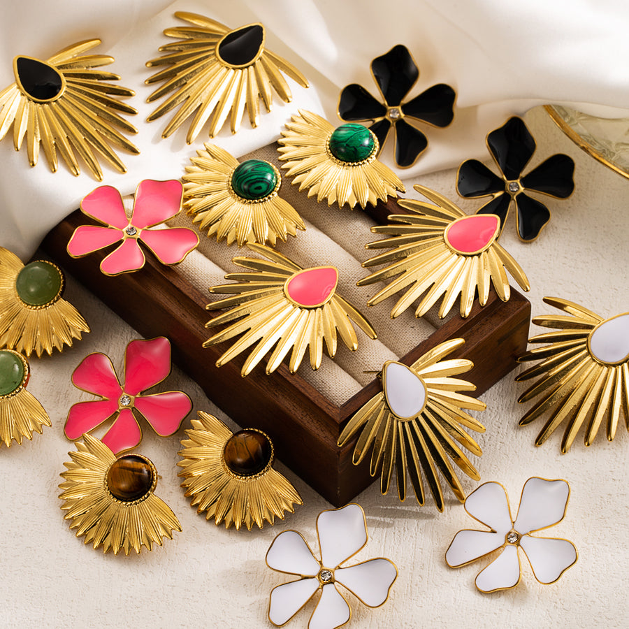 IG Style Flower Enamel Stainless Steel Earrings with Natural Stone Fan Design
