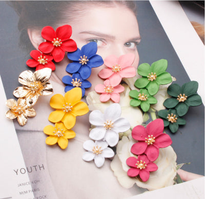 Retro Flower Alloy Women's Drop Earrings - Multicolor Double Layer Floral Design