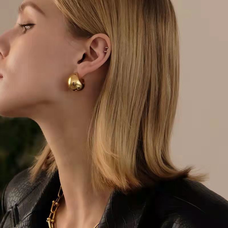 Retro French Style Geometric Water Droplet 18K Gold Plated Stainless Steel Earrings