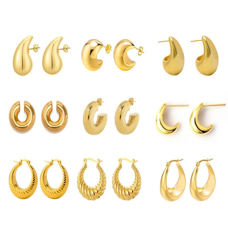 Retro French Style Geometric Water Droplet 18K Gold Plated Stainless Steel Earrings