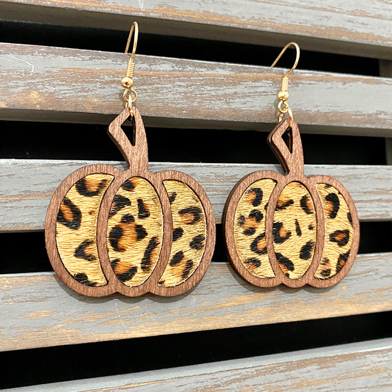 Retro Leopard Leather Pumpkin Drop Earrings for Halloween