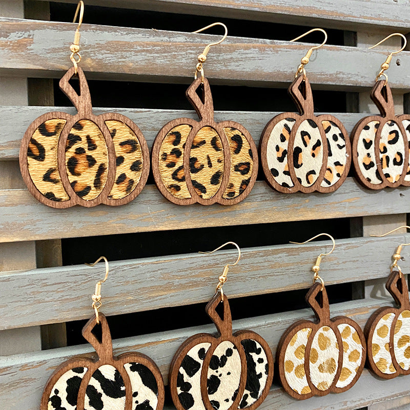 Retro Leopard Leather Pumpkin Drop Earrings for Halloween