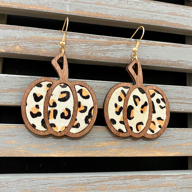 Retro Leopard Leather Pumpkin Drop Earrings for Halloween