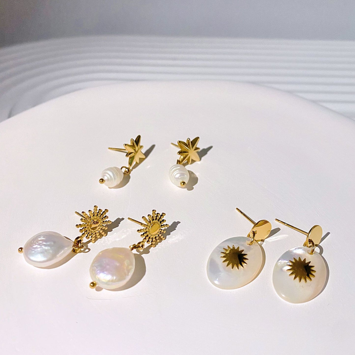 Retro Star Freshwater Pearl Gold Plated Drop Earrings