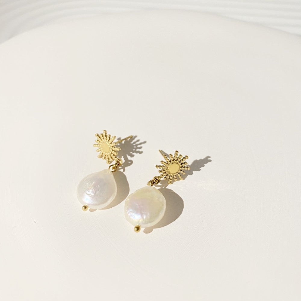 Retro Star Freshwater Pearl Gold Plated Drop Earrings