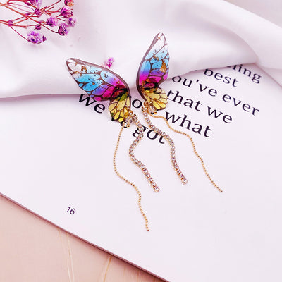 1 Pair Elegant Butterfly Epoxy Chain Women's Drop Earrings with Rhinestone Tassels