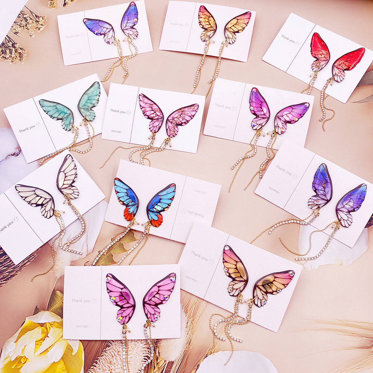 1 Pair Elegant Butterfly Epoxy Chain Women's Drop Earrings with Rhinestone Tassels