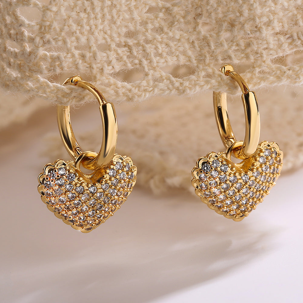 1 Pair Minimalist Heart Shape Zircon 18K Gold Plated Drop Earrings