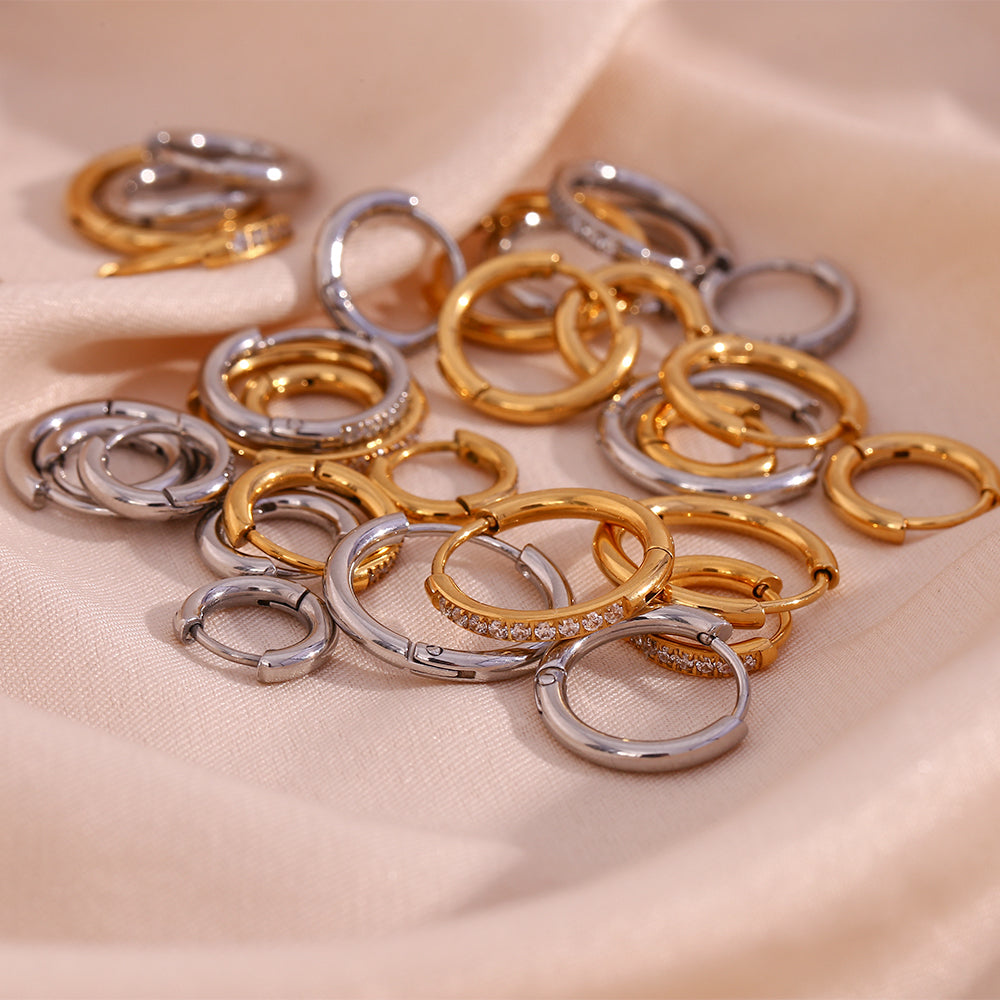 1 Pair Minimalist Round 18K Gold Plated Stainless Steel Zircon Hoop Earrings