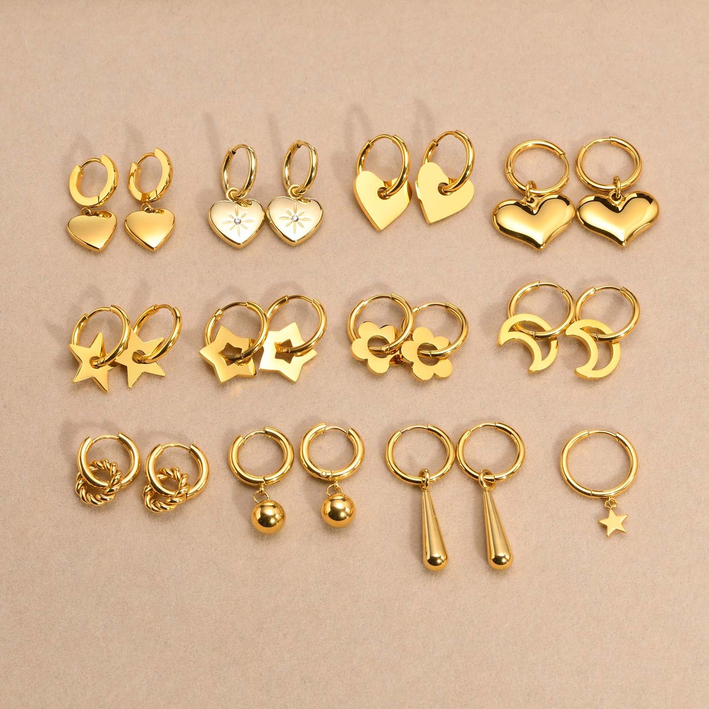 1 Pair 18K Gold Plated Star and Twisted Hoop Stainless Steel Drop Earrings with Zircon Inlay