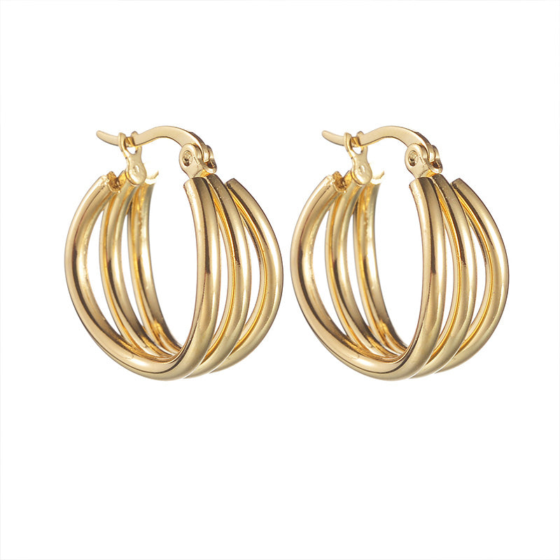 1 Pair Minimalist 18K Gold Plated Stainless Steel Hoop Earrings with Layered Tassel Design