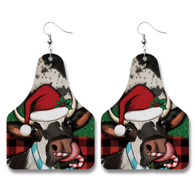 Streetwear Christmas Tree Cow PU Leather Drop Earrings