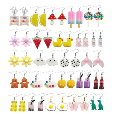 Sweet Animal Star Moon Resin Drop Earrings Set - Cute Fruit Bear Design
