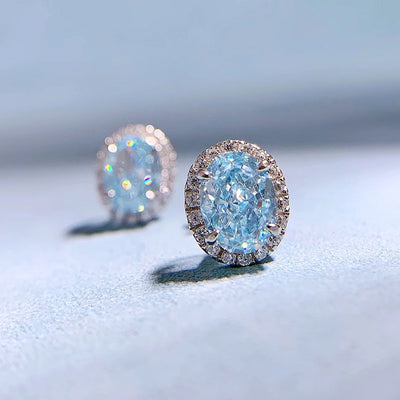 1 Pair Sterling Silver Oval High Carbon Diamond Aquamarine Zircon Stud Earrings