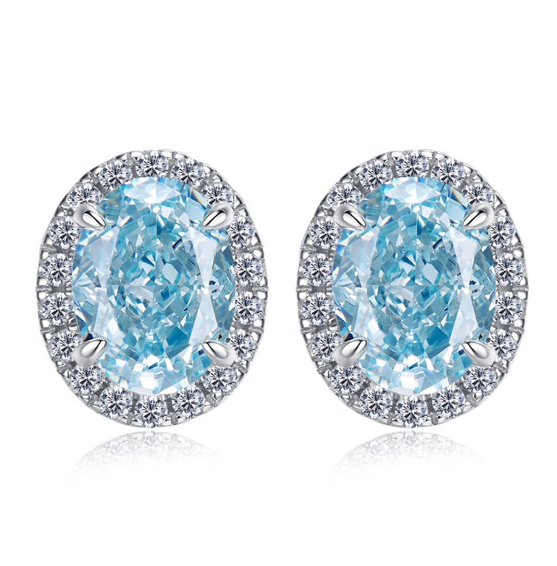 1 Pair Sterling Silver Oval High Carbon Diamond Aquamarine Zircon Stud Earrings