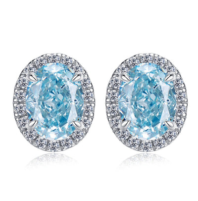 1 Pair Sterling Silver Oval High Carbon Diamond Aquamarine Zircon Stud Earrings