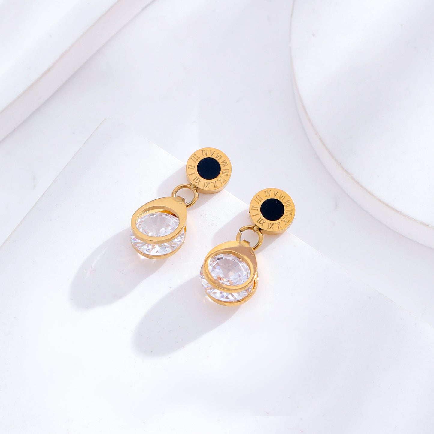 Vintage Roman Round Zircon Titanium Steel 24K Gold Plated Drop Earrings