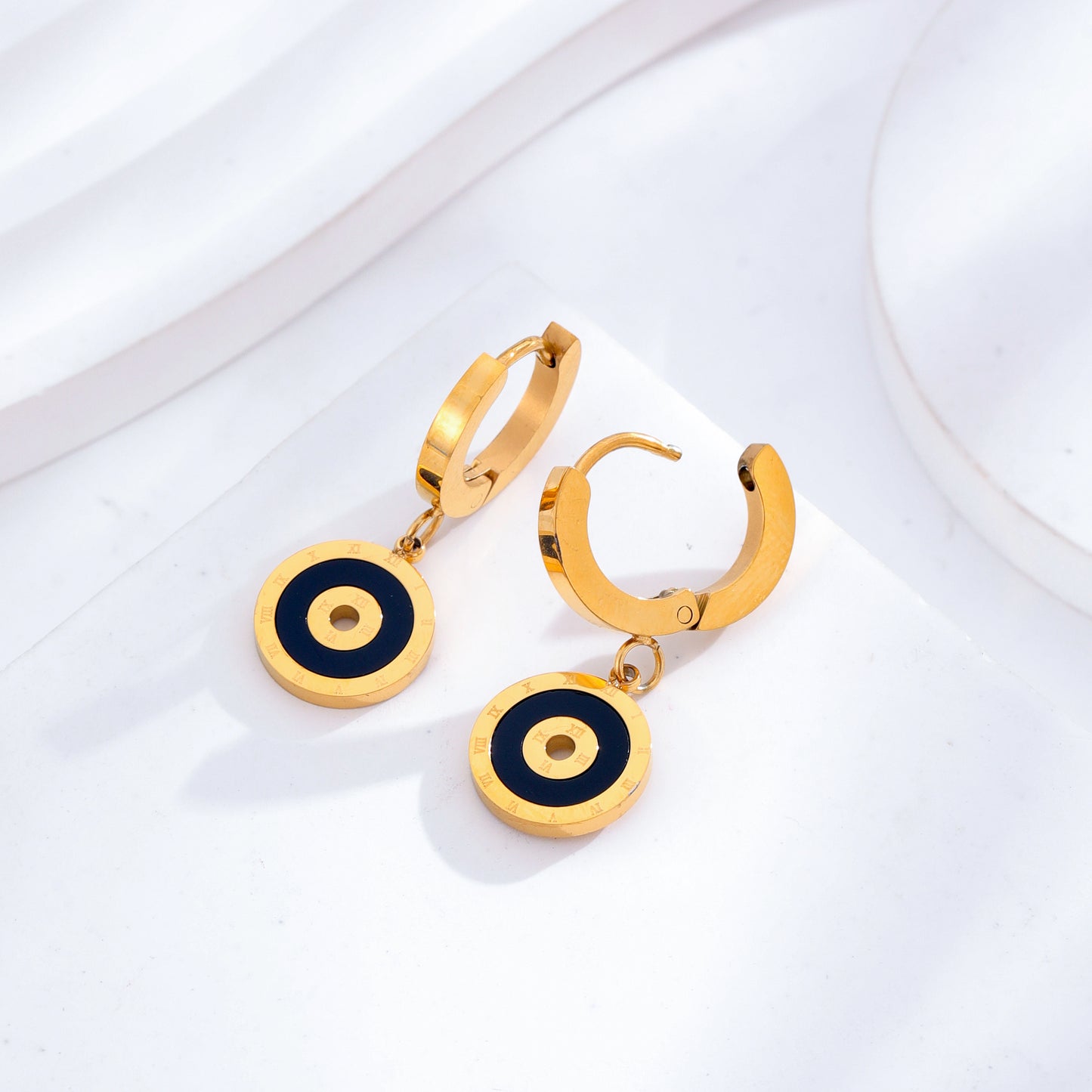 Vintage Roman Round Zircon Titanium Steel 24K Gold Plated Drop Earrings