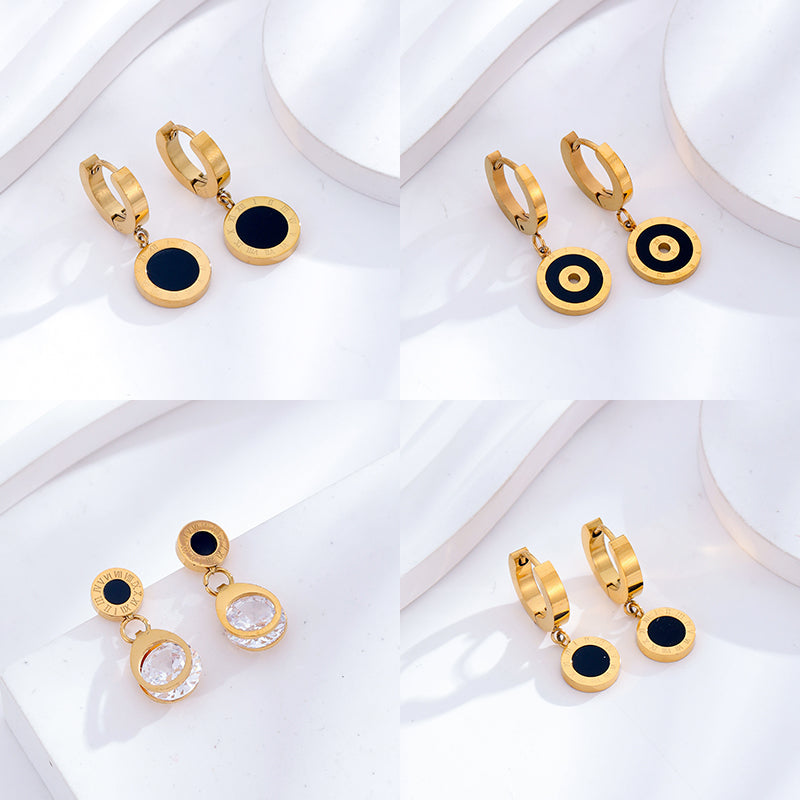 Vintage Roman Round Zircon Titanium Steel 24K Gold Plated Drop Earrings