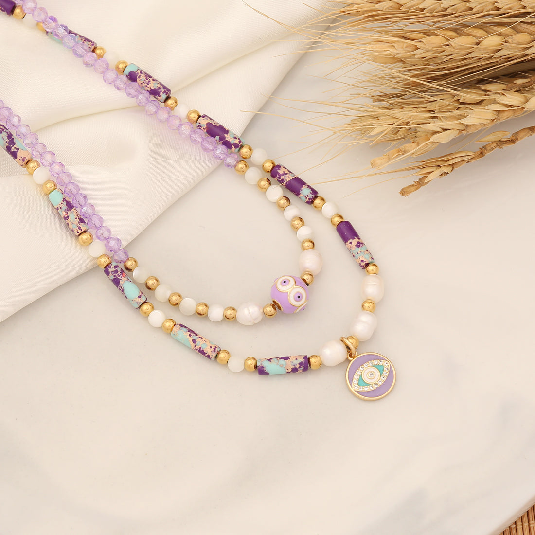 Bohemian Heart Eye Natural Stone Layered Necklace - Stainless Steel Beaded Design