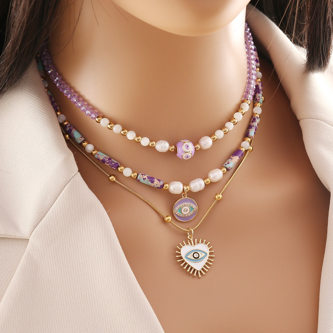 Bohemian Heart Eye Natural Stone Layered Necklace - Stainless Steel Beaded Design