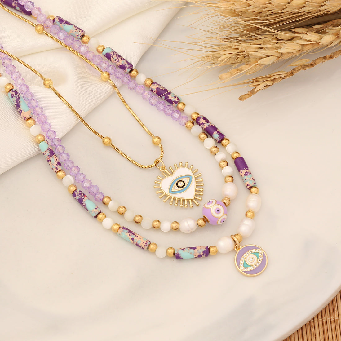 Bohemian Heart Eye Natural Stone Layered Necklace - Stainless Steel Beaded Design