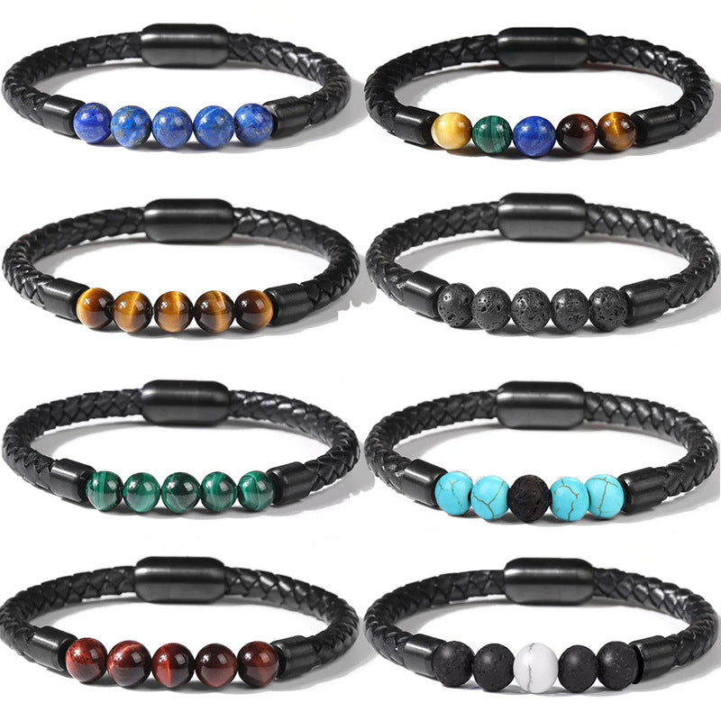 Fashion Circle PU Leather & 8mm Tiger Eye Stone Beaded Men's Bracelet with Magnetic Clasp