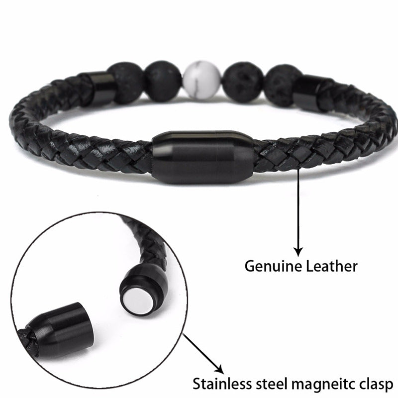 Fashion Circle PU Leather & 8mm Tiger Eye Stone Beaded Men's Bracelet with Magnetic Clasp
