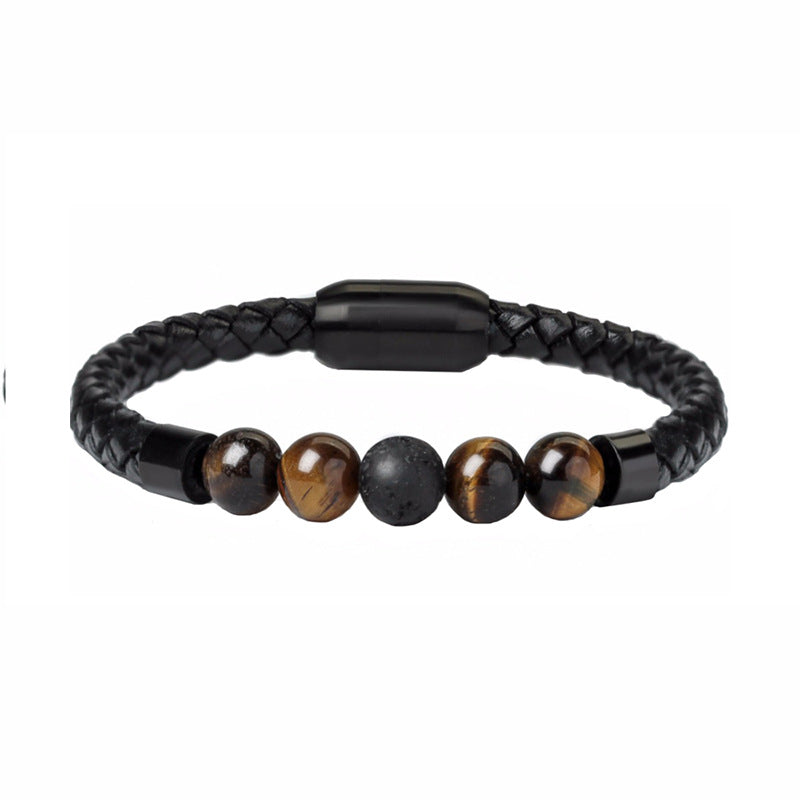 Fashion Circle PU Leather & 8mm Tiger Eye Stone Beaded Men's Bracelet with Magnetic Clasp