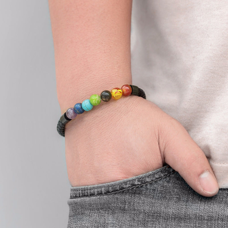 Fashion Circle PU Leather & 8mm Tiger Eye Stone Beaded Men's Bracelet with Magnetic Clasp