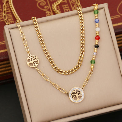 Fashion Layered Cross Heart & Tree of Life Stainless Steel Necklace
