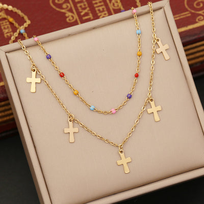 Fashion Layered Cross Heart & Tree of Life Stainless Steel Necklace