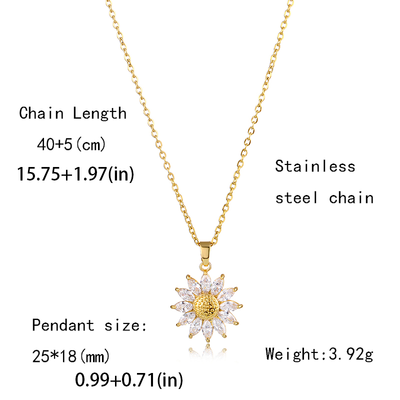 Fashion Sunflower Zircon Pendant Necklace - 18k Gold Plated Stainless Steel
