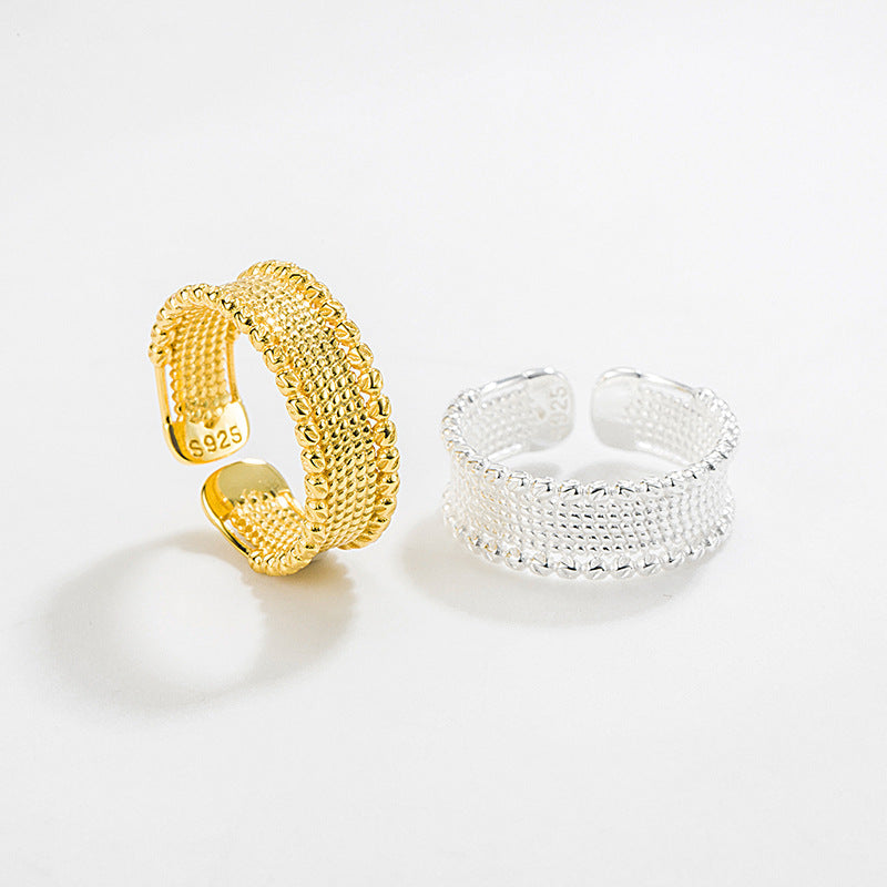 Geometric Sterling Silver Open Ring with Lace Bead Design