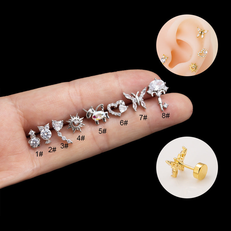 Fashion Heart Owl & Butterfly Zircon Stainless Steel Ear Studs