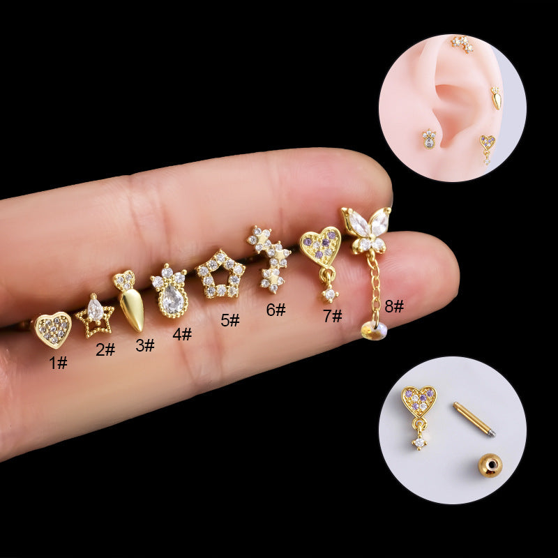 1 Piece Fashion Heart & Star Shape Stainless Steel Zircon Inlay Ear Studs