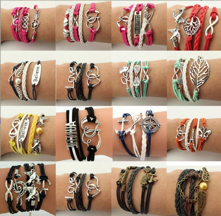 Fashion Multi-Element Leaf Heart Butterfly Owl Braided Women's Bracelet