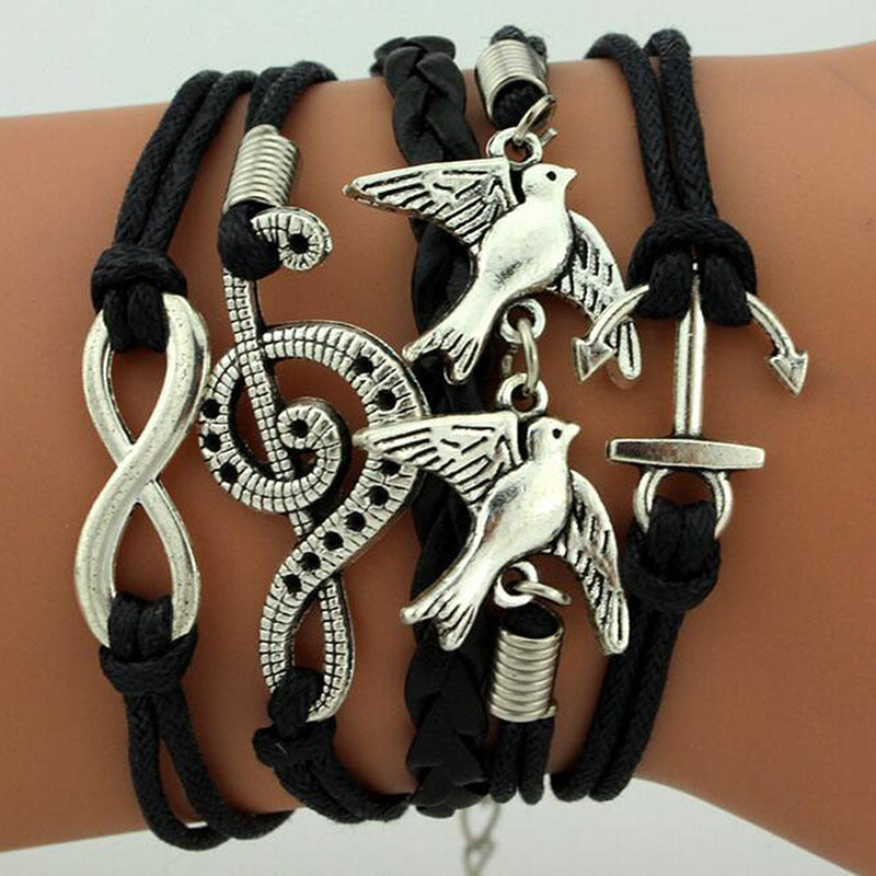 Fashion Multi-Element Leaf Heart Butterfly Owl Braided Women's Bracelet