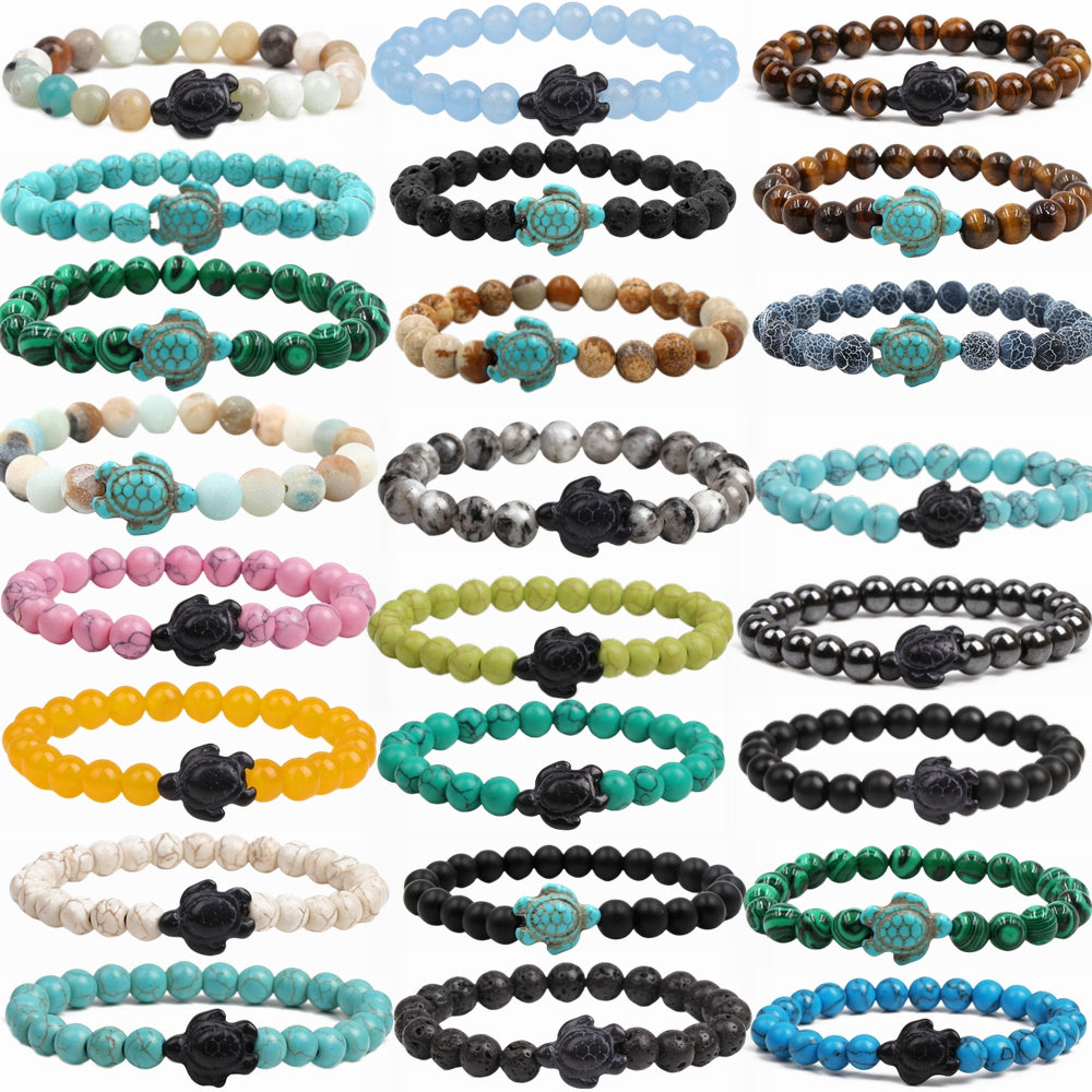 Fashion Tortoise Beaded Unisex Bracelet with Black Lava Stone and Turquoise
