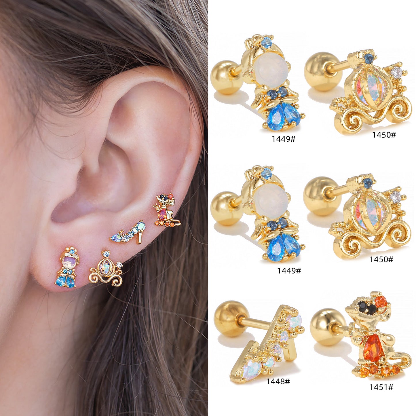 1 Piece Geometric Brass Zircon 18K Gold Plated Animal Ear Studs