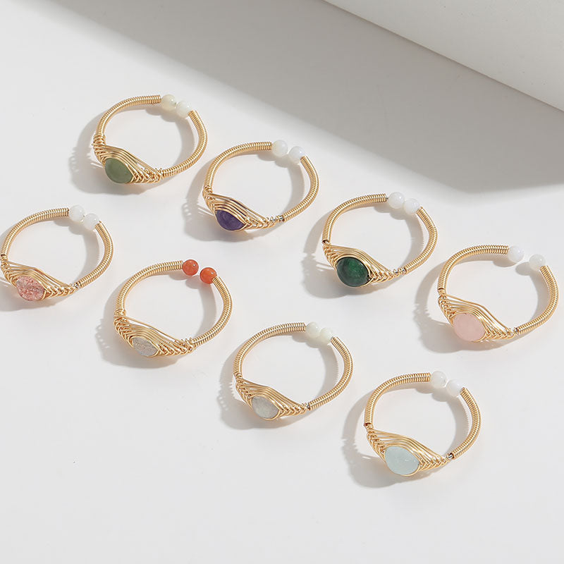 Retro Round Natural Stone Copper Ring with Jade and Red Agate in Vintage Design