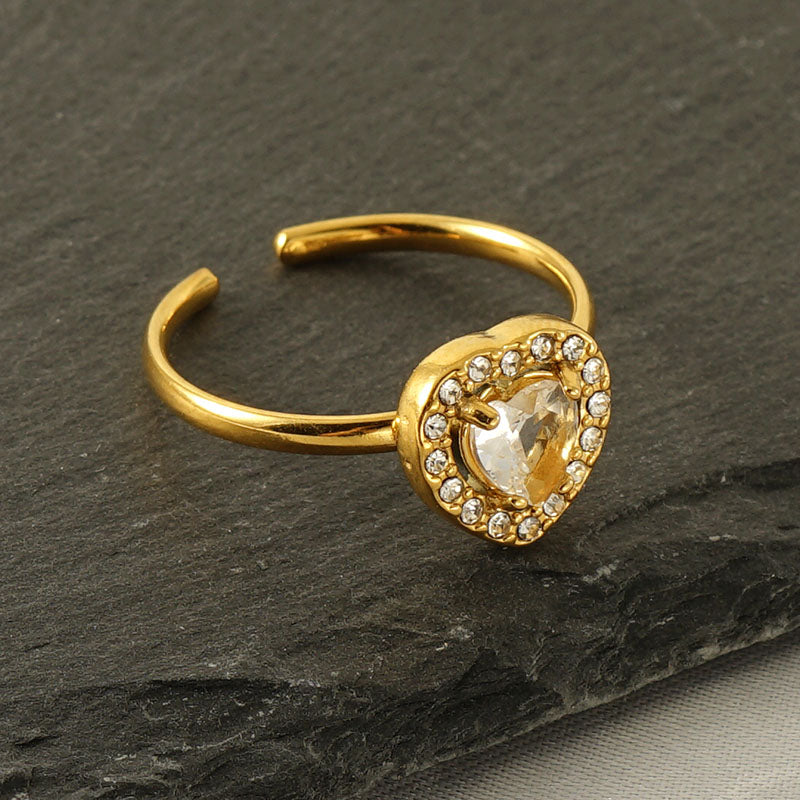 1 Piece Shiny Heart Shape Zircon Inlay Adjustable Stainless Steel Open Ring