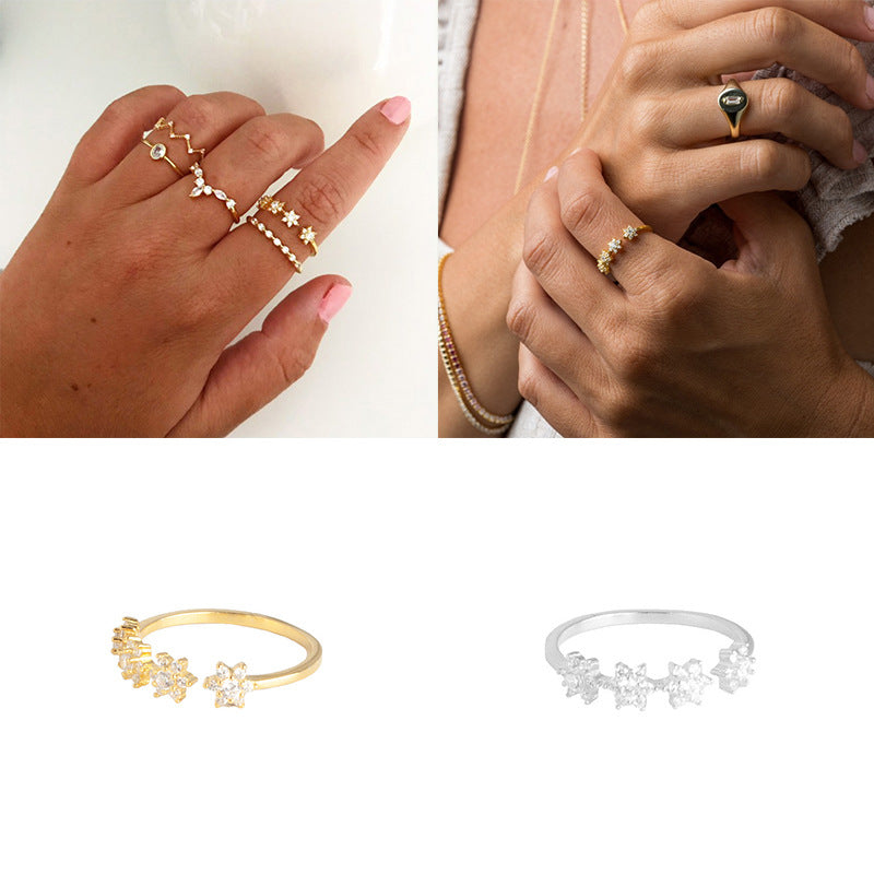 Simple Style Silver Zircon Flower Adjustable Ring