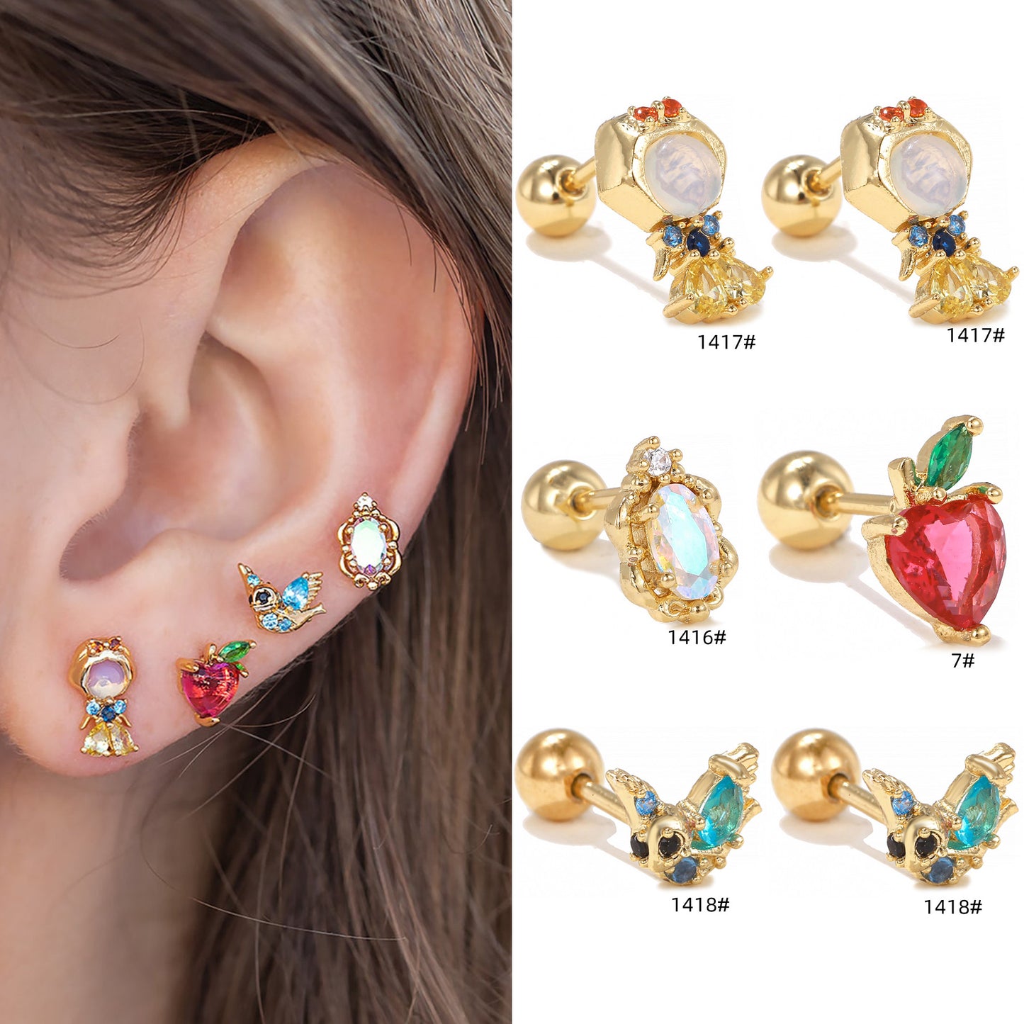 1 Piece Heart Shape Zircon Inlay 18K Gold Plated Ear Studs - Colorful Princess Series Fashion Piercing Jewelry