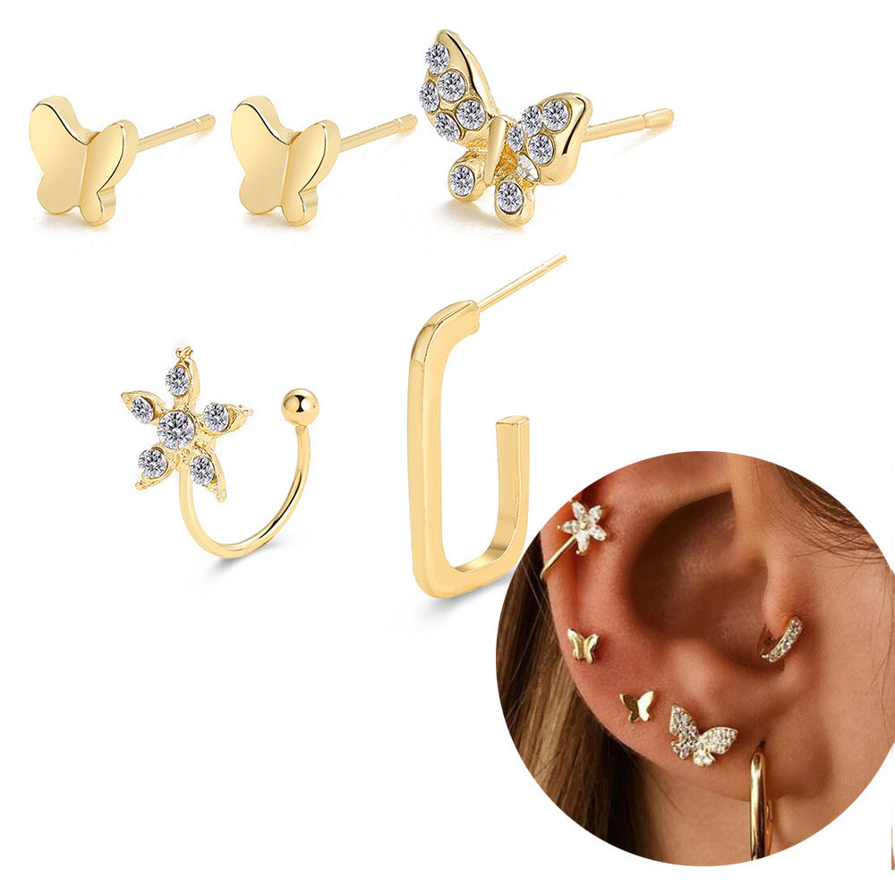 1 Set Minimalist Geometric Alloy Plated Artificial Gemstone Ear Cuff and Stud Set for Women