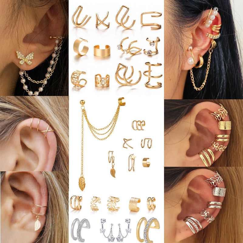 1 Set Minimalist Geometric Alloy Plated Artificial Gemstone Ear Cuff and Stud Set for Women