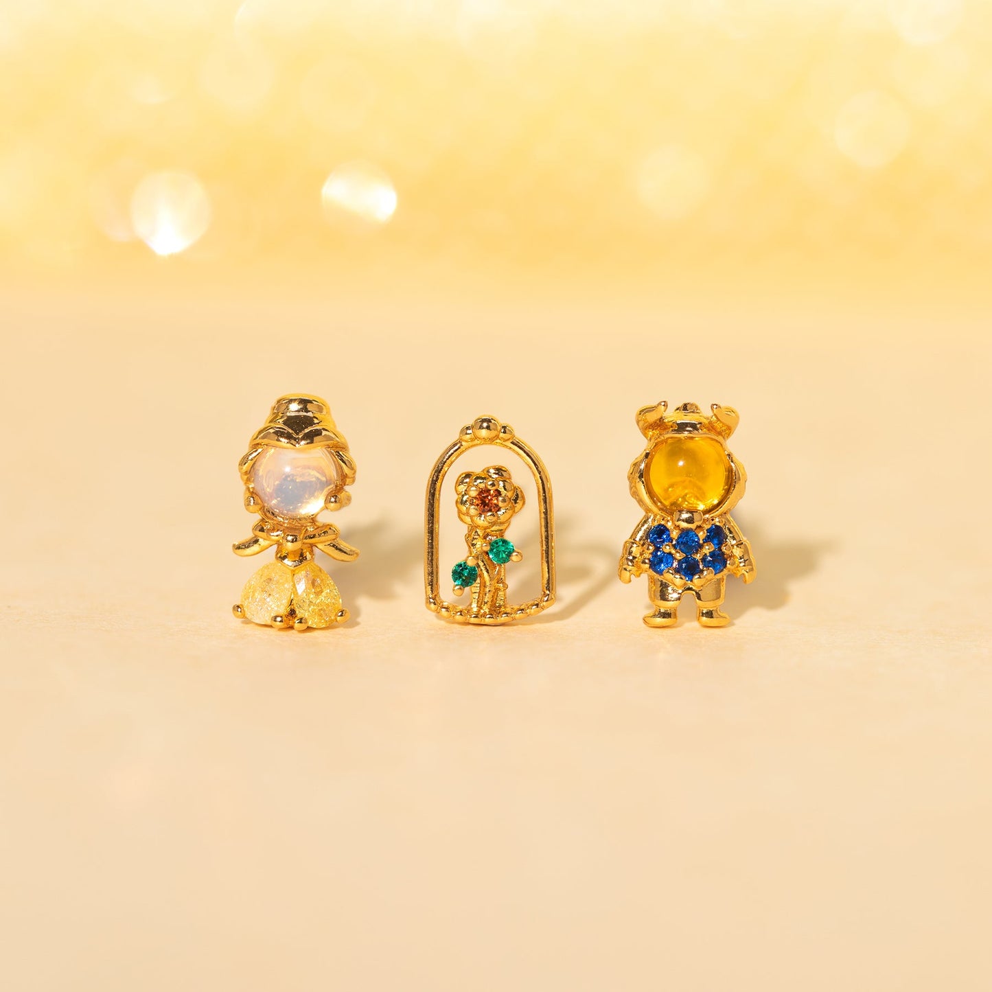 1 Set Sweet Cartoon Design 18K Gold Plated Brass Zircon Ear Studs Trio Set