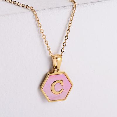 18k Gold Hexagon Pendant Necklace with Pink Shell Letter Inlay