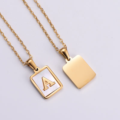 18k Gold Plated Stainless Steel Square Pendant White Shell Initial Necklace